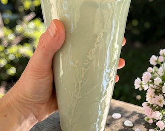 Ceramic Tumbler Coffee Cup 16 oz Handmade, Embossed Botanical Relief, Meadow Grasses