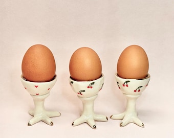 Handmade Ceramic Egg Cup Holder – Chicken Feet Design with Hearts/Cherries