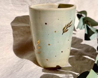 Handmade Ceramic Tumbler | Soft Green Gold Branches Cat Ears Mug