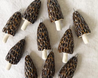 Ceramic Morel Mushroom Christmas Ornaments, Mushroom Holiday Whimsy, Boho Cottagecore Decorations