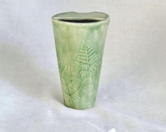 Ceramic Tumbler Coffee Cup 16 oz Handmade, Embossed Botanical Relief, Green Fern