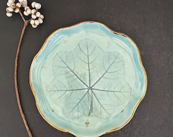 Ceramic Trinket Dish / Handmade Ring Plate/ Sky Blue Leaf Imprint/ Gold Rim (6 Inch)