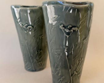 Ceramic Tumbler Coffee Cup 16 oz Handmade, Embossed Botanical Relief, Meadow Grasses