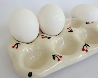Handmade Ceramic Egg Holder – Rustic Farmhouse Kitchen Tray with Red Hearts