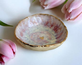 Pink Ceramic Ring Dish with Gold Accents – Handmade plate / Bridesmaid Gift