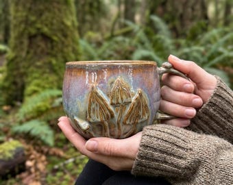 Large Coffee Mug 24oz/750ml  | Handmade Ceramic Cup with Mushrooms