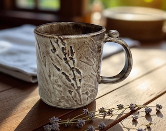Ceramic Cup11 oz / Handmade Mug / Embossed Botanical Relief / Rustic Pottery