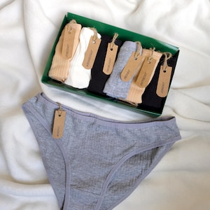 Puede incluir: Un conjunto de ropa interior y calcetines. Ropa interior gris acanalada con una etiqueta que dice "LUNES" en primer plano. Una caja verde contiene calcetines etiquetados para cada día de la semana, en varios colores.