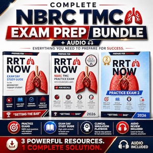 Op de afbeelding: Een complete NBRC TMC examenvoorbereidingsbundel met drie studiegidsen genaamd RRT NOW. De covers tonen rode anatomische longen, tekst waaronder Exam Day Study Guide, Practice Exam en Practice Exam 2, plus iconen voor audio en examensucces.