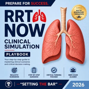May include: A clinical simulation playbook titled RRT NOW featuring a realistic illustration of human lungs, a gold seal stating BUILT BY RESPIRATORY THERAPISTS, and text detailing realistic scenarios, step-by-step guidance, and NBRC exam alignment.