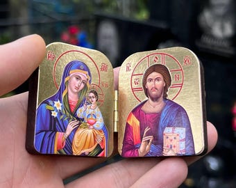 Miniature Travel Icon, Godmother Gift, Christian Decor, Religious Gift Wooden Diptych, Orthodox Icons Jesus Christ & Theotokos
