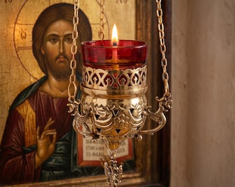 Orthodox Hanging Oil Lamp Gold Glass Sanctuary Lamp Church Decor 5.5in