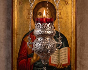 Orthodox Hanging Oil Lamp Nickel 9x4.3in Greek Vigil Lamp Church Decor