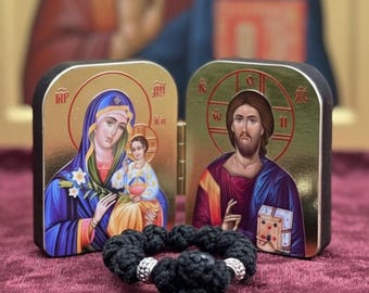Travel Orthodox Prayer Set: Wooden Diptych Icon of Jesus Christ and Virgin Mary, 2x1.6 inch, Soutache Finger Rosary 10 Knots with Cross