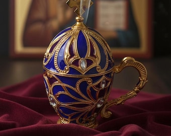 Orthodox Incense Burner Set 5.9x3.1 in, Blue & Red Metal Censer with Cross, Greek Incense 50g, 6 Charcoals, Church Home Prayer Gift