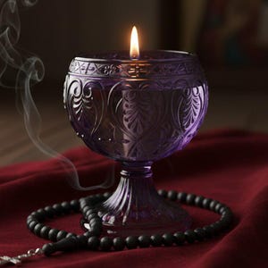 Glasvioletta oljelampan 9,5x6,6 cm, ortodox lampada, kyrklig ljusstake. Setet innehåller en lampa, en flöte och vekar.