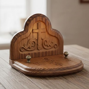May include: A wooden shelf featuring a carved cross and decorative scrollwork. The shelf has a curved top and two small brass knobs. The wood has a warm, natural tone, and is likely for displaying religious items.