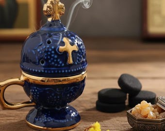Ceramic Censer Set 6.3 in 300 g, Blue Orthodox Incense Burner, Greek Incense 50 g, Charcoal Tablets, Prayer Corner Set, Religious Gift