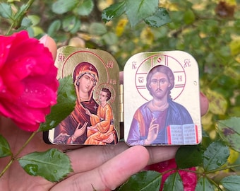 Religious Gift Wooden Diptych, Orthodox Icons Jesus Christ & Theotokos, Miniature Travel Icon, Godmother Gift, Christian Decor