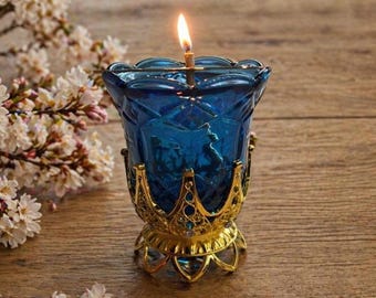 ブルーブラス製ビジルテーブルランプ 透かし彫りキャンドルホルダー 3.5インチ