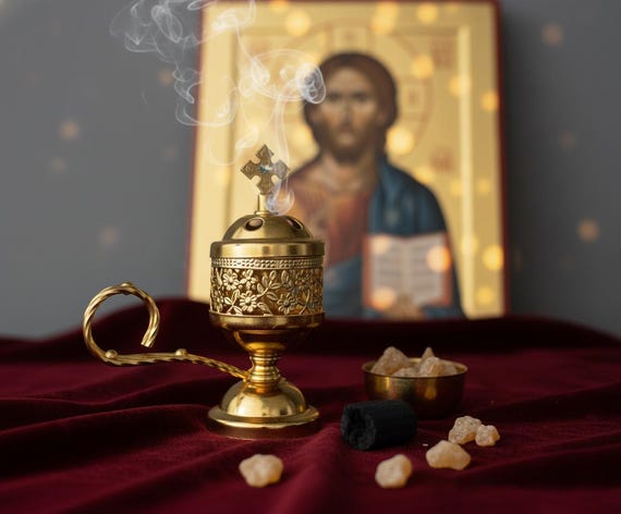 Orthodox Prayer Set: 5.1 inch gold metal censer, 60 grams of incense, 9 charcoal tablets.