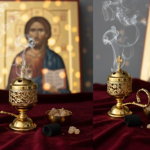 May include: A gold-colored censer with intricate floral designs, emitting wisps of smoke. The censer is set on a deep red velvet surface, accompanied by a small bowl of incense and charcoal. A religious icon is in the background.