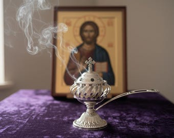 Orthodox Prayer Set: 7.4x5.5x2.7 inch gold metal censer, 50 grams of incense, 6 charcoal tablets.