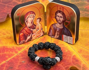 Travel Orthodox Prayer Set: Wooden Diptych Icon of Jesus Christ and Virgin Mary, 2x1.6 inch, Soutache Finger Rosary 10 Knots with Cross
