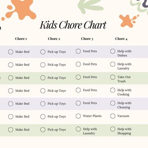 May include: A colorful kids' chore chart for week 1, featuring a cream background with orange, green, and purple abstract shapes. The chart lists daily chores like making the bed, picking up toys, and helping with dishes. The title "Kids Chore Chart" is in a stylish font.