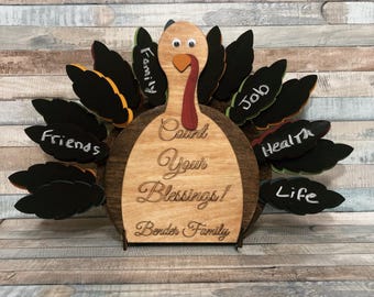May include: Wooden turkey decoration with the text "Count Your Blessings!" and "Bender Family". The turkey has black feathers with orange and green accents, and the feathers have words like "Friends" and "Job".