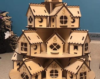 Adventskalender aus Holz, Weihnachtsdorf Häuser, DIY Kit Option
