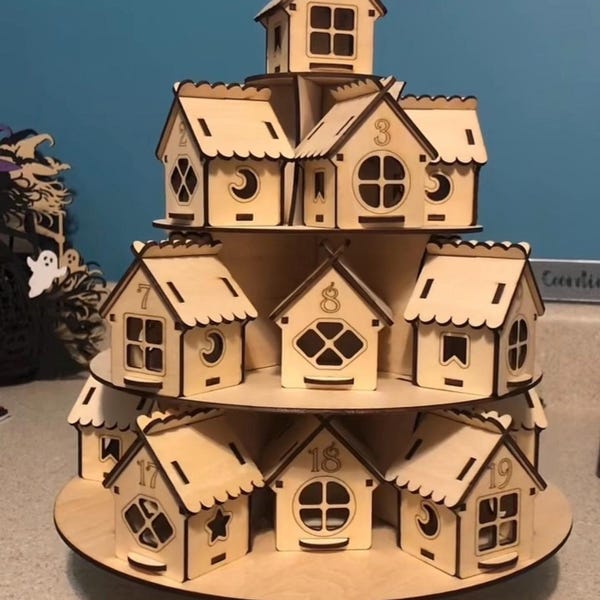 Wooden Christmas Advent Calendar, Christmas Village Houses, DIY Kit Option