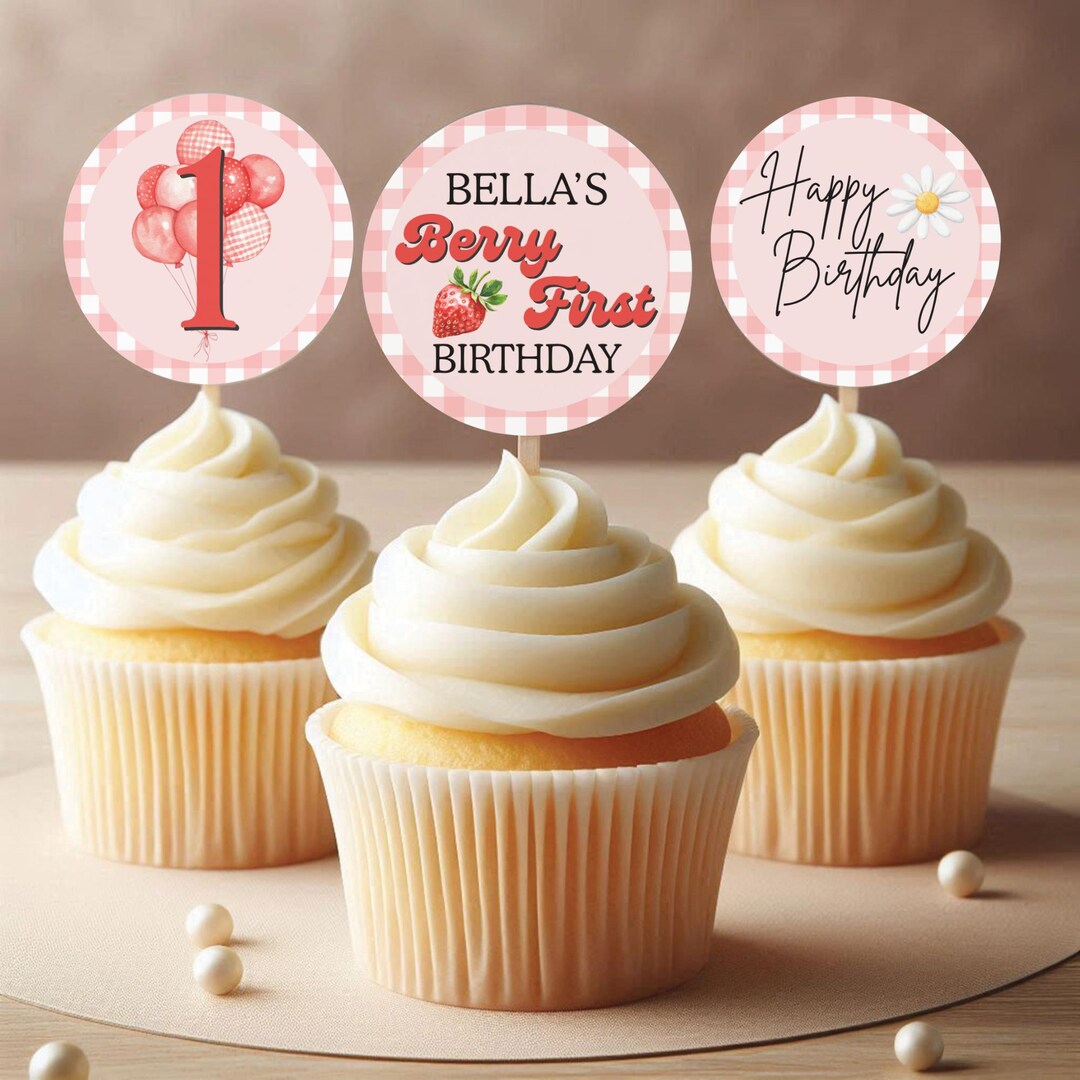 Berry First Birthday Cupcake Toppers: Pink Gingham, Strawberry Theme ...