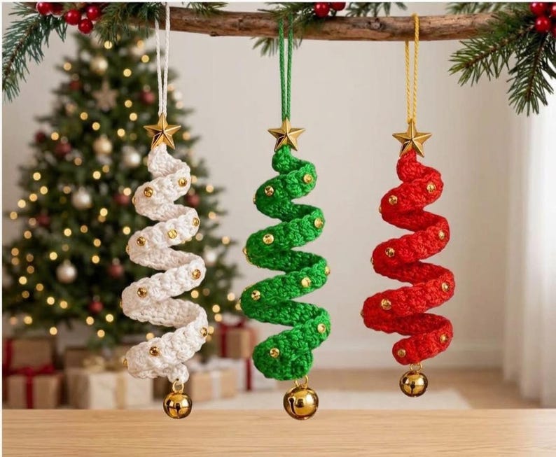 May include: Three spiral-shaped Christmas tree ornaments made of crocheted yarn in white, green, and red. Each ornament features a gold star at the top, small gold beads embedded along the spiral, and a gold jingle bell hanging at the bottom.