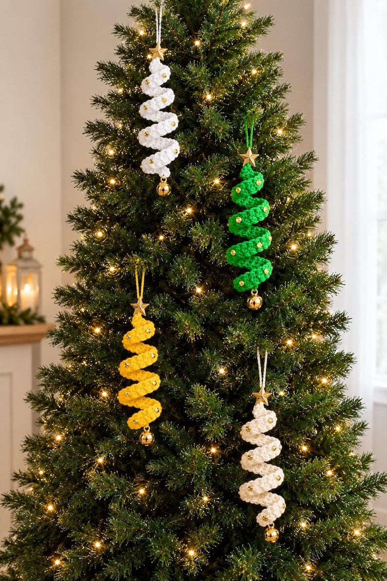May include: Four spiral-shaped crochet ornaments hanging on a Christmas tree. Each ornament features a white, green, or yellow yarn structure, a gold-colored star at the top, small gold beads along the spiral, and a gold bell at the bottom.
