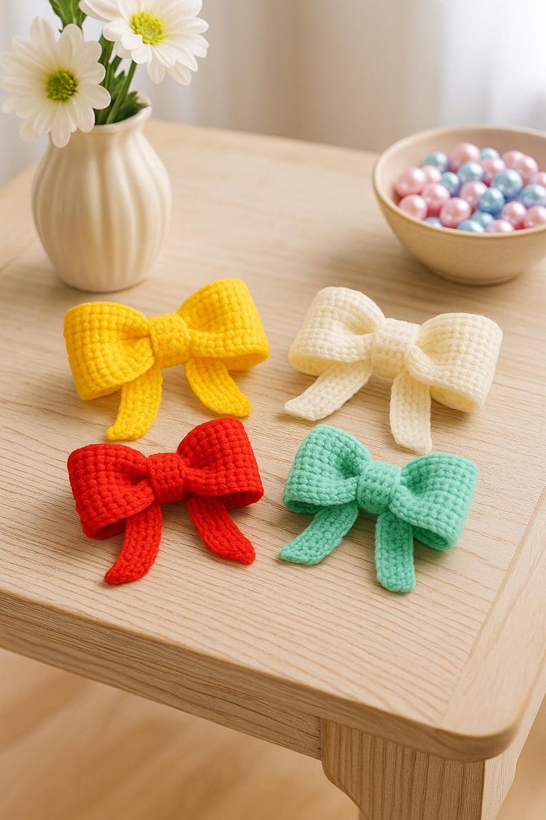 May include: Four handmade crochet bows in yellow, white, red, and green sit on a wooden surface. The bows are arranged in a group, with a vase of white flowers and a bowl of pastel beads in the background. The bows are a charming craft item.