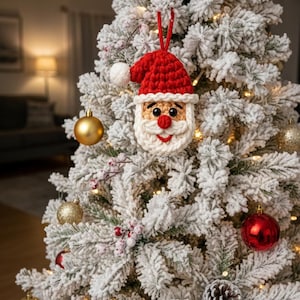 May include: A crocheted Santa Claus Christmas tree ornament with a red hat and white beard hangs on a flocked Christmas tree. The tree is decorated with gold and red ornaments, and small white lights.