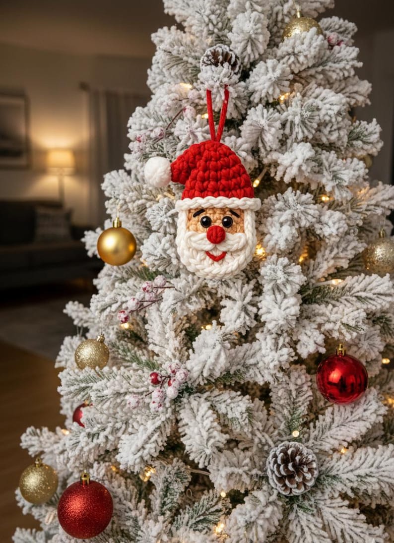 May include: A crocheted Santa Claus Christmas tree ornament with a red hat and white beard hangs on a flocked Christmas tree. The tree is decorated with gold and red ornaments, and small white lights.