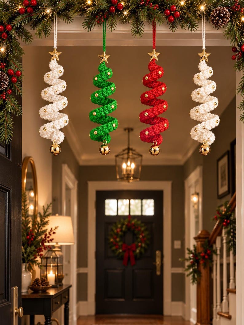 May include: Four spiral-shaped hanging ornaments in white, green, and red crochet yarn. Each ornament features a gold star at the top, small gold beads along the spiral, and a gold bell at the bottom, suspended by a white or colored string.