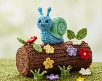 May include: A blue and green crocheted snail toy with black eyes and a smiling mouth. The text above states: Snail pattern only. Log and flowers are decorative props. The snail is positioned on a brown crocheted log with small flowers.