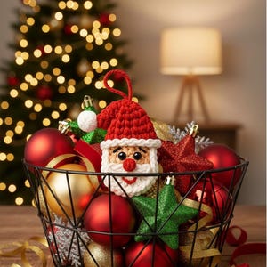 May include: A black wire basket filled with Christmas ornaments, including red and gold baubles, a red glitter star, and a green star. A crocheted Santa ornament is featured. A Christmas tree with lights is in the background.
