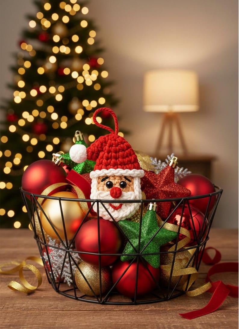 May include: A black wire basket filled with Christmas ornaments, including red and gold baubles, a red glitter star, and a green star. A crocheted Santa ornament is featured. A Christmas tree with lights is in the background.