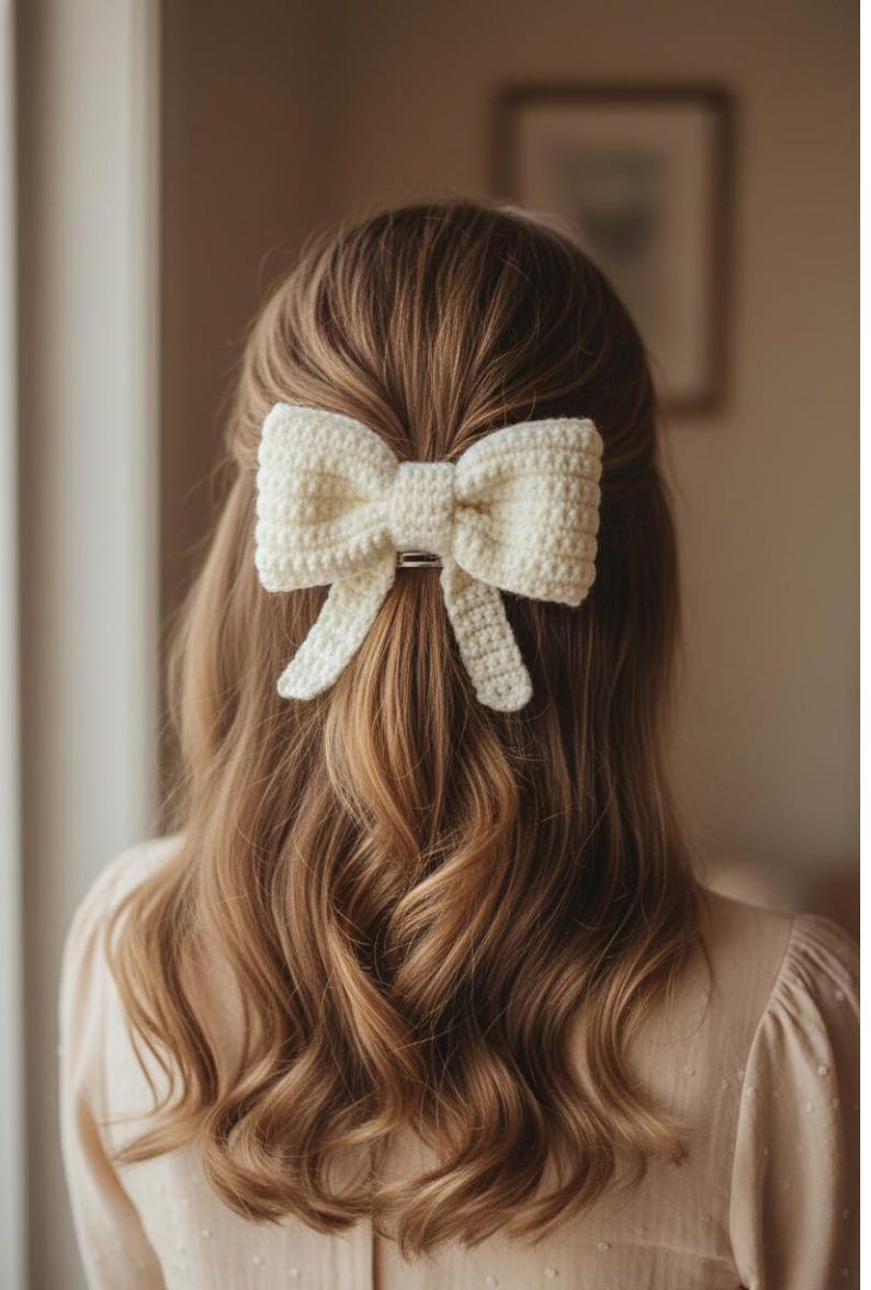 May include: A cream-colored, crocheted bow hair clip is secured in the hair. The bow is centered at the back of the head, with long, wavy brown hair cascading down. The clip has a silver-colored bar.