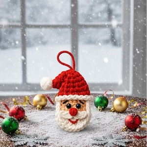 May include: A crocheted Santa Claus ornament with a red hat and white beard, set on a snowy surface with Christmas ornaments. The ornament has a red loop for hanging. Festive holiday decor.