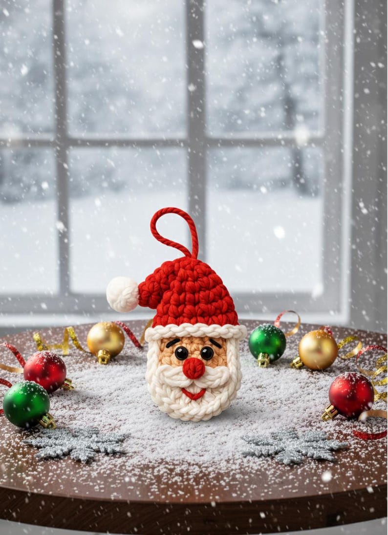 May include: A crocheted Santa Claus ornament with a red hat and white beard, set on a snowy surface with Christmas ornaments. The ornament has a red loop for hanging. Festive holiday decor.