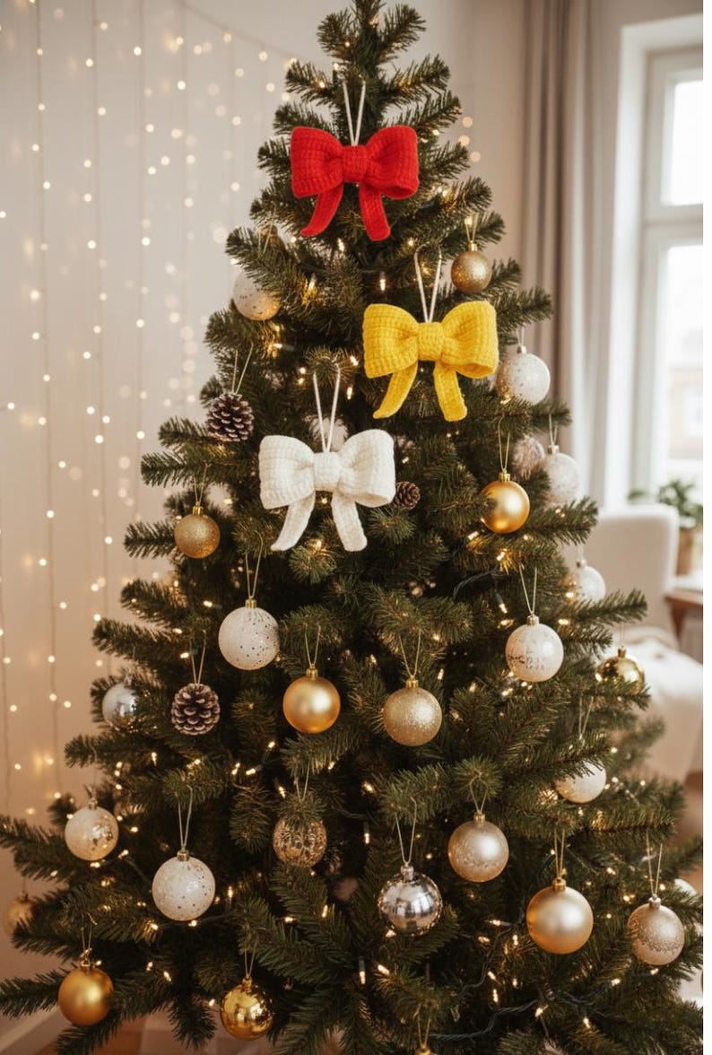 May include: A decorated Christmas tree with various ornaments. The tree features red, yellow, and white crocheted bow ornaments, along with gold, silver, and white baubles. Pinecones and string lights add to the festive decor.