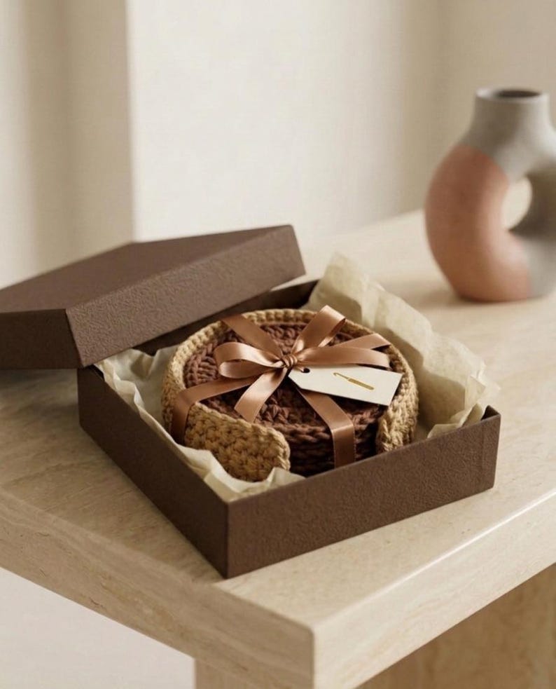 K&ouml;nnte beinhalten: Ein Set aus braunen H&auml;keluntersetzern, mit einem Satinband und einem Etikett gebunden, pr&auml;sentiert in einer braunen Geschenkbox. Die Untersetzer liegen auf einem Bett aus Pergamentpapier. Im Hintergrund befindet sich eine dekorative Vase.