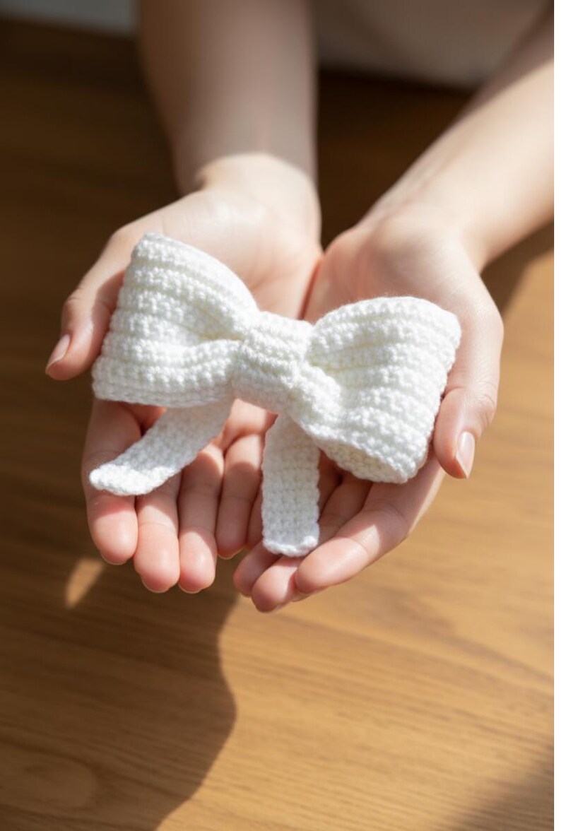 May include: A handmade, white crochet bow. The bow is held in open hands, showcasing its textured, knotted design. The bow has two loops and two long tails, perfect for hair accessories or decorative purposes.