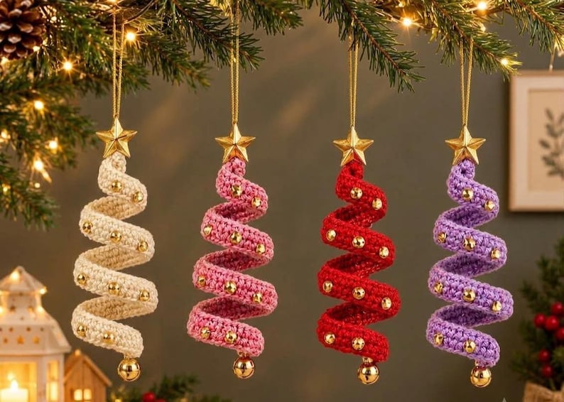 May include: Four spiral-shaped Christmas tree ornaments made of crocheted yarn in cream, pink, red, and purple. Each ornament features a gold star at the top, gold beads attached along the spiral, and a gold bead hanging at the bottom point.