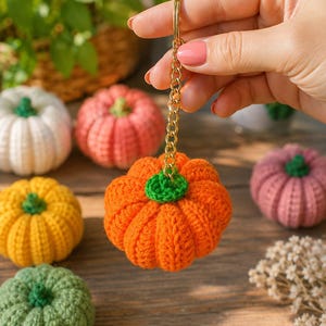 Può includere: Un portachiavi a forma di zucca all'uncinetto color arancione brillante con un picciolo verde e una catenella in metallo dorato con anello. La zucca ha una consistenza a coste ed è sospesa alla catena, mostrando la sua forma rotonda e imbottita.